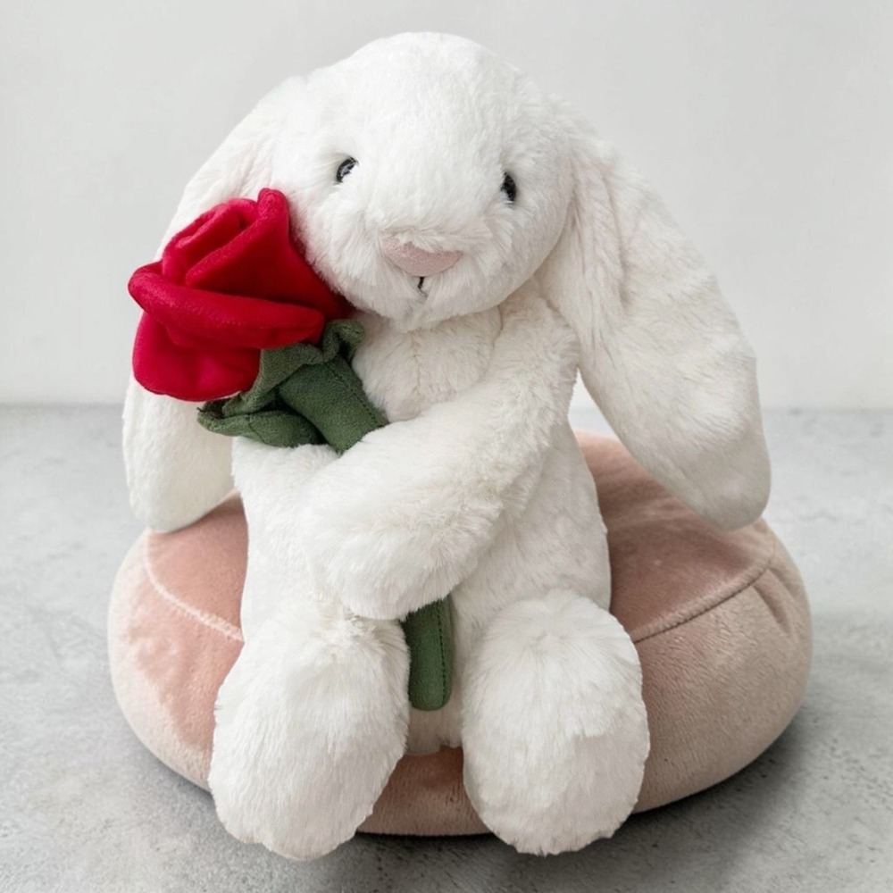 Jellycat Cream Bunny with Rose - Authentic - Soft 12" Bashful - New with Tags